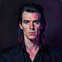 a portrait of nick cave, masterpiece, neon highlights, dramatic lighting, painting by caravaggio and ruan jia and jakub rebelka