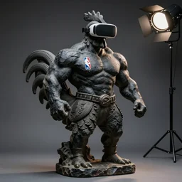 a portrait of monumental muscular rooster antique statue in shape of creative man, vr helmet on man, black rock statue material, nba logo, studio light, hasselblad photo, 8 k resolution, character design, digital art
