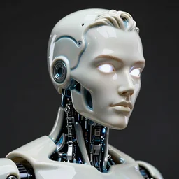 angled facial portrait of a cyberpunk bone ceramic caliente humanoid robot Brasileiro with an attractive face and handsome features, large white glowing eyes, macho, piroca, dotado, guapo, reflective surface, trending on cgsociety, trending on artstation