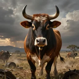 portrait of a anthropomorphic guerrilla cow by Justin Gerard, war landscape, epic composition, cinematic shot ,