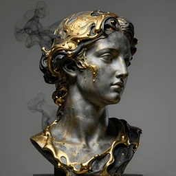 epic concept art. abstract female face silhouette mixing with black and gold liquid fluid and smoke. bust sculpture. future technology. masterpiece by michelangelo. concept art, matte painting. greg rutkowski, wlop