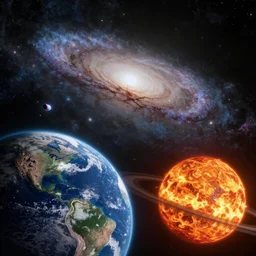 cosmic universe, milky way galaxy, comet, earth and moon in foreground, mars, saturn, sun, cosmic, high detail, realistic, unreal engine