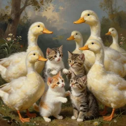 painted closeup of cute kittens ambushed by huge cute ducks, fantasy intricate elegant extremely detailed digital painting trending artstation concept art sharp focus illustration art by gustave courbet greg rutkowski craig mullins