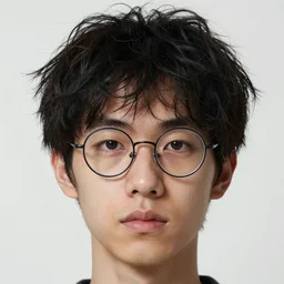 portrait of a young man, black hair, chaotic hair, rounded glasses, detailed, hyperrealistic, realistic, symmetrical, close up, by anato finnstark, by alena aenami, by john harris, by ross tran, by wlop, by andreas rocha