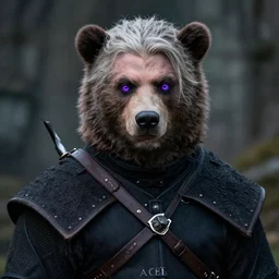portrait of jesen ackles as witcher from the school of the bear, with cat purple eyes