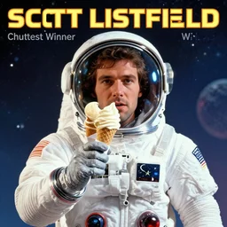a man in a space suit with an ice cream cone in his hand, an album cover by scott listfield, shutterstock contest winner, retrofuturism, 1 9 9 0 s, 1 9 7 0 s, aesthetic