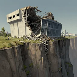 A megamall crumbling down a cliff, artstationhq, digital art, by Charles Sheeler and Jordan Grimmer and Victor Mosquera