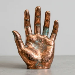 small copper and patina metal hand shaped generative design structure in a museum, modern art installation, bioceramic reflelctive material