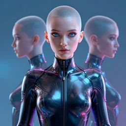 beautiful bodysuit neon electric hyperpunk  with bald haircut, reflections, focus, detailed, realistic eyes, symmetric body features proportions, golden ratio face, intricate facial skin details, full subject in frame, award winning, trending in cgsociety artstation deviant art, octane render, by boris Vallejo