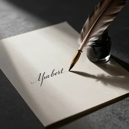 studio shot with studio lighting of a beautiful handwriting, inks, quill, calligraphy, on handmade paper,
