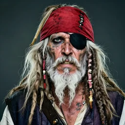 photo portrait | white medium beard hair | very old and rugged | dirty very skinny pirate | tattoos on face | long white dreadlock hair | crooked teeth | wearing a red headband and black hat | one eyepatch | very detailed photo | sigma lens 70mm