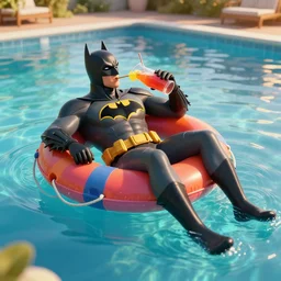 a full body photo of batman, he is using a colorful life preserver and relaxing, he is floating over a giant pool, he is drinking an exotic drink, golden hour, high detail, unreal engine 5, trending on artstation