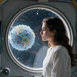 a young afghan woman looking out of a space station window, a microscopic photo by stefan lochner, shutterstock contest winner, space art, sense of awe, uhd image, creative commons attribution