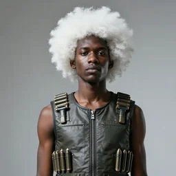 black boy with white hair wearing buletproof vest, afrofuturism, sun ha style, surrealism