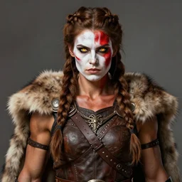 tall, beautiful, muscular barbarian woman with piercing golden eyes, and long brown braided hair. her face is painted with white and red ochre, and she is wearing battle leathers and a fur cloak, symmetrical face, detailed, digital painting, smooth, sharp focus, in the style of rembrandt,