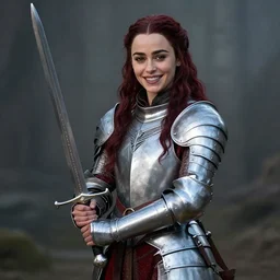 emilia clarke, as a medieval fantasy character, with dark reddish hair, wearing light, silver armor and red clothing, tan complexion, holding a longsword, smiling, noble, cinematic, gloomy background, realistic, digital art, character art, 8 k