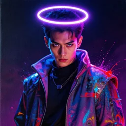 a male cyberpunk with beautiful eyes wearing futuristic clothing and a neon halo, defiant, passionate, spotlight, paint drips, paint splatter, vibrant colors, dramatic, canvas texture, futuristic clothing, glitch art by carl dobsky and jeremy mann