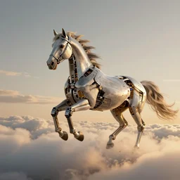 “bio mechanical horse galloping on the clouds, golden hour, by Greg Rutkowski”