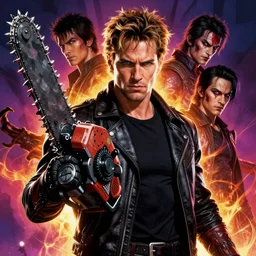portrait of bruce campbell as ash williams with chainsaw hand, highly detailed concept art, josan gonzalez, toshihiro egawa, doom slayer, evil dead movie, majestic masterpiece, vibrant backlit, movie poster character, intricate, hyper detailed, smooth, trending on pixiv