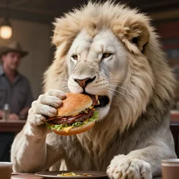 commission of a male anthropomorphic albino lion eating an oversized hamburger,digital art,art by greg rutkowski,trevor henderson,ross tran,photorealistic,hyperdetailes,highly realistic,natural lighting,deviantart,artstation,dramatic,cinematic,4k,western comic style