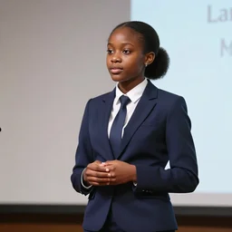 A teenage African girl billionaire CEO, wearing a formal suit and tie, on stage, giving a presentation