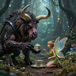 tiny mechanical fairy having tea with a minotaur in a magical forest, having tea with a giant minotaur. Very detailed 8k. Fantasy cyberpunk horror. Sharp. Cinematic post-processing