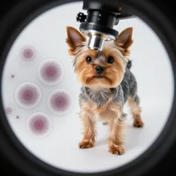 microscopic photo of a tiny yorkie dog under a microscope, with cells and amoebas