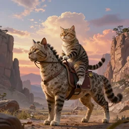 a brave human-sized cat is riding into battle atop a horse-sized cat, background has enormous geological features and shockingly gorgeous sky -5