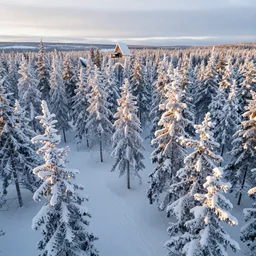 aerial view, lapland, cannon snow covered trees, volymetric light, ethereal, dusk, inspired by noah bradley and john howe
