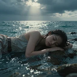 a girl sleeping in the ocean, an epic fantasy, dramatic lighting, cinematic, establishing shot, extremely high detail, photorealistic, cinematic lighting, concept art, hdri, 4k -