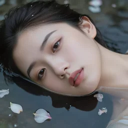 epic portrait of a girls face laying in water, surrounded by loose petals, beautiful, high detail, concept art, realistic