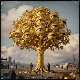 golden hour, tilt shift, 1 9 1 2 wwi, golden tree made of! eyes, thick clouds behind, 3 5 mm, colorized tintype photo, dystopian environment, intricate, highly detailed, centered headdress, digital painting, artstation, concept, smooth, sharp focus, illustration, artgerm, by zdzisław beksinski