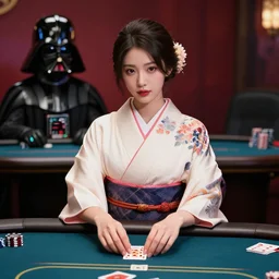 hyperrealistic composition of the detailed woman in a japanese kimono sitting at a poker table with darth vader, fireworks, beautiful mountain in the background, pop - art style, jacky tsai style, andy warhol style, acrylic on canvas