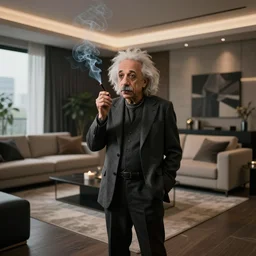 hipster albert einstein smoking a blunt in his modern condominium living room, wide shot, dramatic lighting, octane render, hyperrealistic, high quality, HD, cinematic