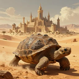 Large Fantasy City located on the back of a Giant tortoise stomping through the hot sunny desert, High detail, Dungeons and Dragons, Focus on giant tortoise, 4k