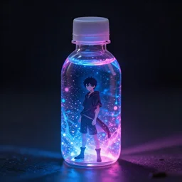 a tiny plastic bottle filled with a magic glowing blue magenta and magic dust. anime style, takumi fujiwara