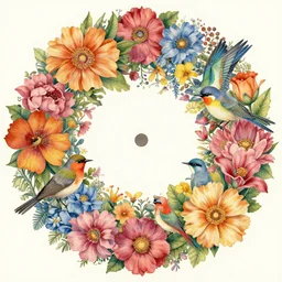 ( ( ( ( ( beautiful flowers and birds make circle ) ) ) ) ) by mœbius!!!!!!!!!!!!!!!!!!!!!!!!!!!, overdetailed art, colorful, record jacket