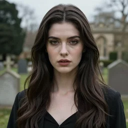 portrait brunette PANDORA, Captivating, solemnly, New Tales of the Vampires character, Highgate cemetery, face centred, fog, volumetric lighting, beautiful, blueish moonlight, sharp focus, ultra detailed, cgsociety