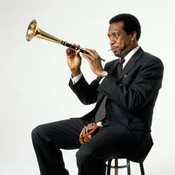 john coltrane wearing a suit sitting on a stool holding the tip of a woodwind instrument left of the image, white background, wide shot