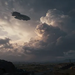 Sci-fi landscape with ominous clouds, twilight light, spaceship in the sky, octane render