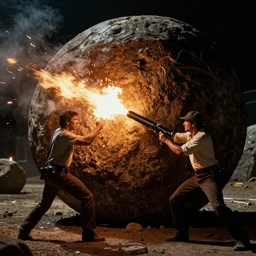 indiana jones blows up the huge rolling bolder with a rocket launcher, in raiders of the lost ark, mid lighting, moody lighting, 8 k