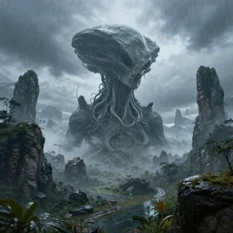 beautiful alien world landscape on a rainy day, high detail, high definition, photorealistic, 8k