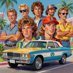 a mixed media portrait painting of crockett and tubbs, car, miami vice eighties, detailed facial features, by frank frazetta, greg rutkowski, beeple, yoko taro, christian macnevin, beeple, wlop and krenz cushart, epic fantasy character art, volumetric indoor lighting, midday, high fantasy, cgsociety, cheerful colours, full length, exquisite detail, post - processing, masterpiece, cinematic