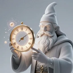 a wizard building a clock using magic, high particle effects, bearded, wizard beard, glowing