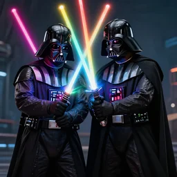 kanye west duelling darth vader with a rainbow lightsaber, sci fi, artstation, high quality