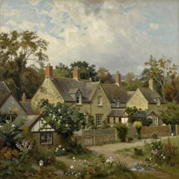 Painting of a victorian village with surrounding woodland. UHD. High detail. In the style of John Constable