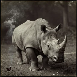 a cyber rhino smoking a pipe . wet-collodion process photograph.