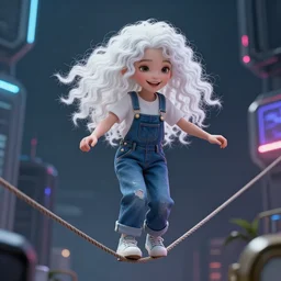 A cyberpunk futuresynth image of a young girl balancing on a tightrope. She has long scruffy curly white hair. She is wearing blue denim overalls and a white shirt. She has pale skin and a big smile. cyberpunk. unreal engine 5. ultra high detail. highly detailed. 8k wallpaper. lens flare. 8mm lens.
