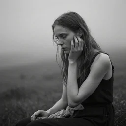 award winning photo of some lustful melancholy as lars von trier would depict it, she is 2 3, skinny and beautiful and listens to oathbreaker, she resembles the protagonist of the movie thelma, 2 0 1 7, she waits for hers limbo to end, photo, black and white, the background is unsafe, insanely detailed, foggy like in norwegian black metal aesthetic