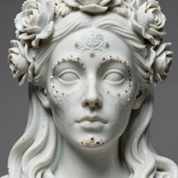detailed realistic porcelain beautiful calaveras goddess face portrait by jean delville, gustave dore, iris van herpen and marco mazzoni, art forms of nature by ernst haeckel, art nouveau, symbolist, visionary, gothic, neo - gothic, pre - raphaelite, fractal lace, intricate alien botanical biodiversity, surreality, hyperdetailed ultrasharp octane render